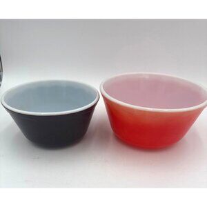 Set Of 2 Vintage Hazel Atlas Scalloped Mixing Bowls Red & Brown Ombre Design